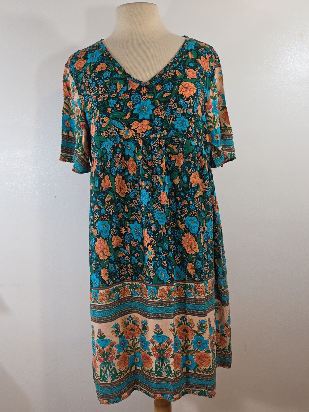 Emery Rose Floral V-Neck Short Sleeve Teal & Peach Dress Large